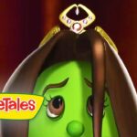 Green VeggieTales character with a crown and long brown hair, peeking from the side with a concerned expression, VeggieTales logo present.