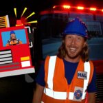 Smiling person in orange safety vest and blue hard hat beside a red fire truck at night, with a cartoon rescue truck on the left. (Informative thumbnail)
