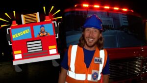 Smiling person in orange safety vest and blue hard hat beside a red fire truck at night, with a cartoon rescue truck on the left. (Informative thumbnail)