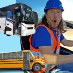 Man in safety vest and hard hat making a surprised face while driving, with a tour bus and a yellow school bus collage in the background (thumbnail for a bus-related video)