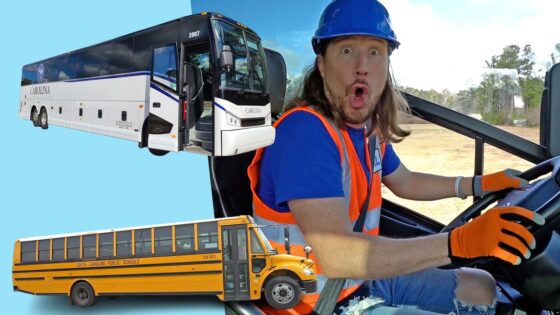 Man in safety vest and hard hat making a surprised face while driving, with a tour bus and a yellow school bus collage in the background (thumbnail for a bus-related video)