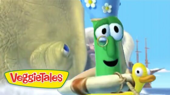 Green VeggieTales character with a flowered hat on a boat, smiling at a yellow duck; VeggieTales logo in the corner.