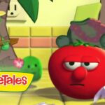 Red tomato character with a sad, tired expression sits on a yellow-tiled floor, a guitar-playing green veggie in a straw hat behind, VeggieTales logo in the corner.