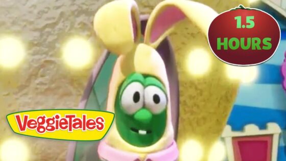 VeggieTales character with a green face wearing a yellow hat and pink collar on a stage, logo in corner, 1.5 HOURS badge visible
