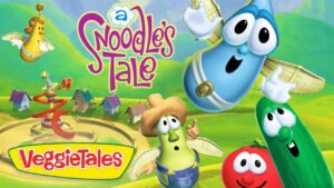 Colorful VeggieTales poster with animated vegetables and the title 'A Noodle's Tale' at the top left.