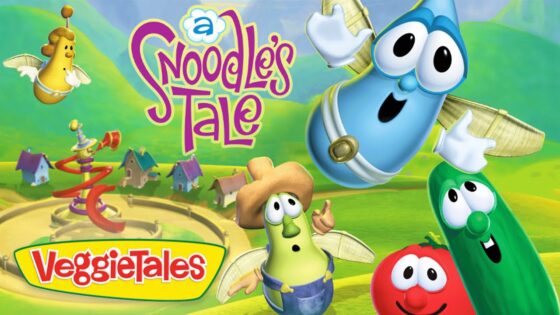 Colorful VeggieTales poster with animated vegetables and the title 'A Noodle's Tale' at the top left.