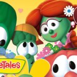 Colorful VeggieTales characters smiling on a bright yellow background with a red badge that says '1 hour'