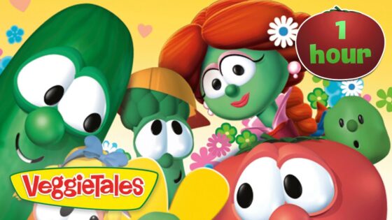 Colorful VeggieTales characters smiling on a bright yellow background with a red badge that says '1 hour'