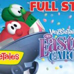 VeggieTales: An Easter Carol full story banner with smiling veggie characters in a blue sky and falling confetti.