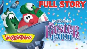 VeggieTales: An Easter Carol full story banner with smiling veggie characters in a blue sky and falling confetti.