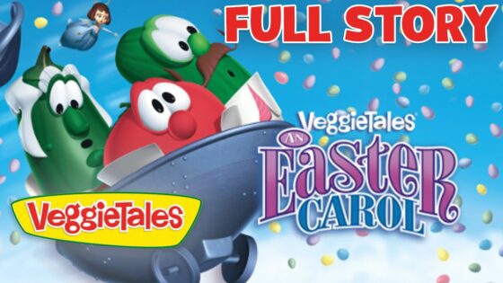 VeggieTales: An Easter Carol full story banner with smiling veggie characters in a blue sky and falling confetti.