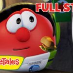 Red VeggieTales character wearing a green headset, holding a hamburger, with a bold 'FULL STORY' banner and VeggieTales logo in the frame.