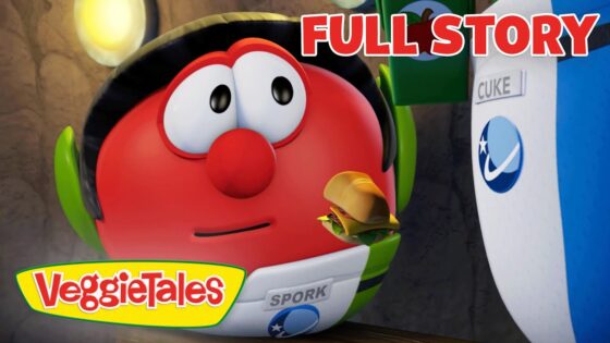 Red VeggieTales character wearing a green headset, holding a hamburger, with a bold 'FULL STORY' banner and VeggieTales logo in the frame.