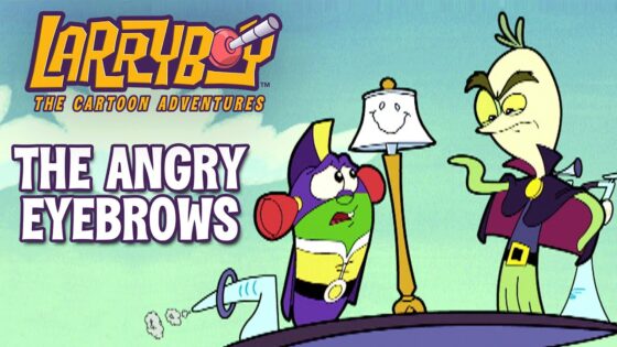 Thumbnail for Larva: The Cartoon Adventures, showing two bugs in capes with the bold title 'THE ANGRY EYEBROWS'.