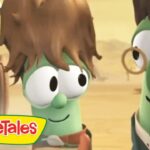 Two VeggieTales characters share a moment, one with a monocle, in a warm, sunny setting.