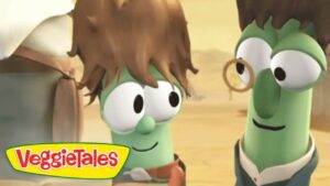Two VeggieTales characters share a moment, one with a monocle, in a warm, sunny setting.