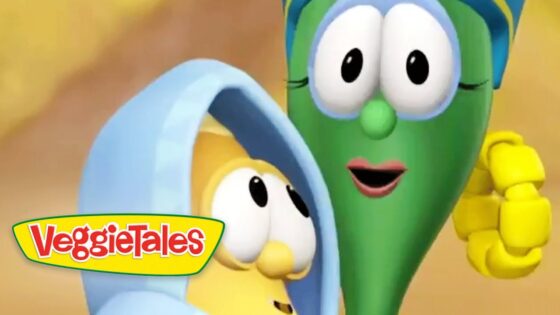 Cartoon green vegetable with large eyes and pink lips beside a yellow vegetable wearing a blue hood; VeggieTales logo in the corner.