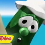 Green bean cartoon character from VeggieTales wearing a white chef's hat, with a surprised expression and the VeggieTales logo in the corner.