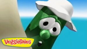 Green bean cartoon character from VeggieTales wearing a white chef's hat, with a surprised expression and the VeggieTales logo in the corner.