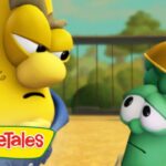 Two VeggieTales characters—one yellow and grumpy on the left, one green and puzzled on the right—gaze at each other in a sunny outdoor setting, with the VeggieTales logo visible at the bottom left.