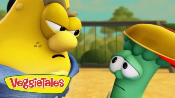 Two VeggieTales characters—one yellow and grumpy on the left, one green and puzzled on the right—gaze at each other in a sunny outdoor setting, with the VeggieTales logo visible at the bottom left.