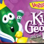 VeggieTales cover art showing a crowned green cucumber king with a pink round friend and a yellow duck on a purple background, with the title 'King George and the Ducky'
