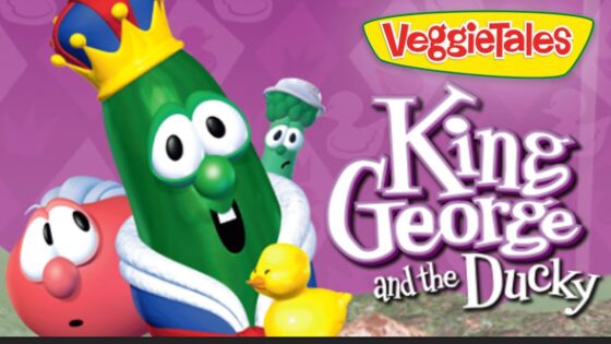 VeggieTales cover art showing a crowned green cucumber king with a pink round friend and a yellow duck on a purple background, with the title 'King George and the Ducky'
