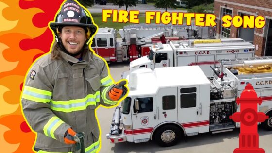 Young firefighter in turnout gear giving a thumbs-up, with fire trucks and a flame-themed background. Captioned 'FIRE FIGHTER SONG' at the top edge.