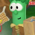 Thumbnail from VeggieTales: a green cartoon veggie with a waffle and a paper bag, promoting sharing; features 'SHARING' text and '30th Anniversary' logo