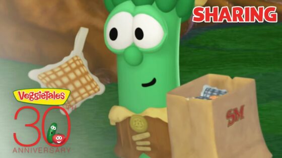Thumbnail from VeggieTales: a green cartoon veggie with a waffle and a paper bag, promoting sharing; features 'SHARING' text and '30th Anniversary' logo