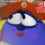 Blue round VeggieTales character wearing an orange hat and glasses, with 'Giving Thanks' and a 30th anniversary logo.