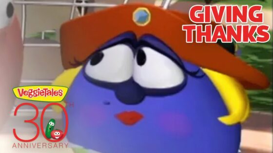 Blue round VeggieTales character wearing an orange hat and glasses, with 'Giving Thanks' and a 30th anniversary logo.