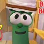 Green VeggieTales character with a hat, smiling, beside the 'Being Brave' title and 30th Anniversary logo on the lower left.