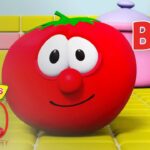 Red VeggieTales tomato character smiling on a yellow tiled background with 'MEET BOB' graphic and a '30th Anniversary' logo in the corner.