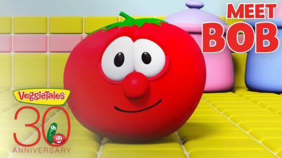Red VeggieTales tomato character smiling on a yellow tiled background with 'MEET BOB' graphic and a '30th Anniversary' logo in the corner.
