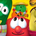 Three VeggieTales characters (green cucumber, red tomato, yellow veggie) smile with a 30th anniversary logo and cake in the corner, celebrating VeggieTales.