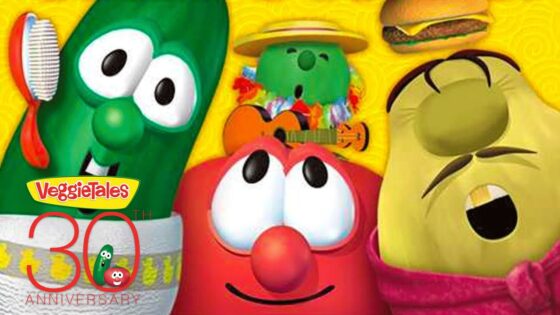 Three VeggieTales characters (green cucumber, red tomato, yellow veggie) smile with a 30th anniversary logo and cake in the corner, celebrating VeggieTales.