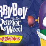 Poster for VeggieTales: LarryBoy and the Rumor Weed, with a purple cartoon hero on the right.