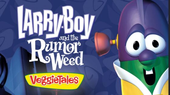 Poster for VeggieTales: LarryBoy and the Rumor Weed, with a purple cartoon hero on the right.