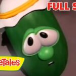 Close-up of a green VeggieTales character with a towel on its head, looking surprised; 'FULL STORY' text in the corner and VeggieTales logo visible.
