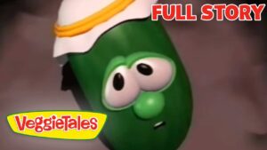 Close-up of a green VeggieTales character with a towel on its head, looking surprised; 'FULL STORY' text in the corner and VeggieTales logo visible.