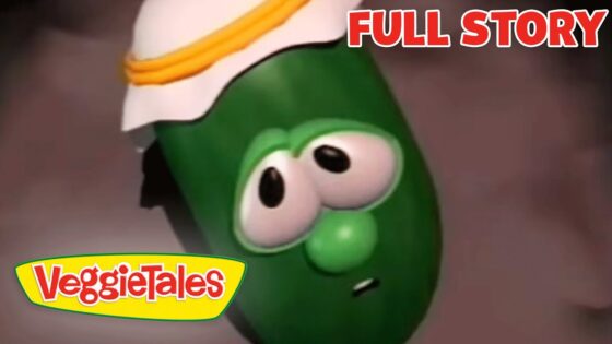 Close-up of a green VeggieTales character with a towel on its head, looking surprised; 'FULL STORY' text in the corner and VeggieTales logo visible.