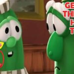 Two green VeggieTales characters converse in a kitchen scene, with 30th anniversary and 'Getting Through Hard Times' text visible.