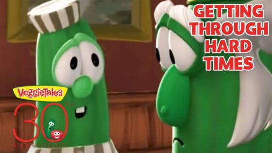 Two green VeggieTales characters converse in a kitchen scene, with 30th anniversary and 'Getting Through Hard Times' text visible.