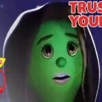Green VeggieTales character in a hoodie, with the words 'Trusting Yourself' and a 30th anniversary logo.