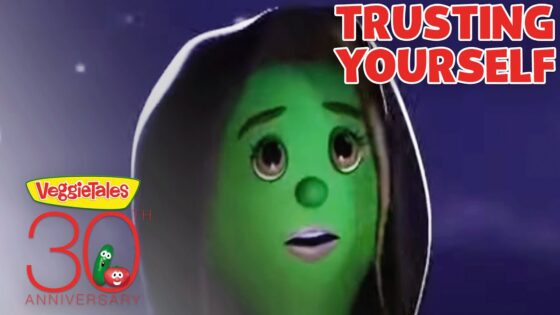 Green VeggieTales character in a hoodie, with the words 'Trusting Yourself' and a 30th anniversary logo.