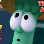 Worried green VeggieTales character with a 'Trying Again' banner and 30th Anniversary logo in the corner.