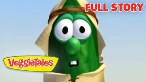 Thumbnail image from VeggieTales featuring a surprised green cucumber character with torn wrapping, 'FULL STORY' text in the corner and VeggieTales logo nearby.