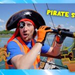 Pirate-themed YouTube thumbnail: man on a boat wearing a pirate hat, eyepatch, and vest, holding a telescope with cartoon octopus and pirate ship illustrations nearby; 'PIRATE SONG' text appears.