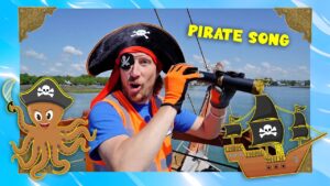Pirate-themed YouTube thumbnail: man on a boat wearing a pirate hat, eyepatch, and vest, holding a telescope with cartoon octopus and pirate ship illustrations nearby; 'PIRATE SONG' text appears.